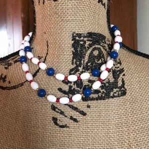 Vintage Monet red white and blue beaded necklace